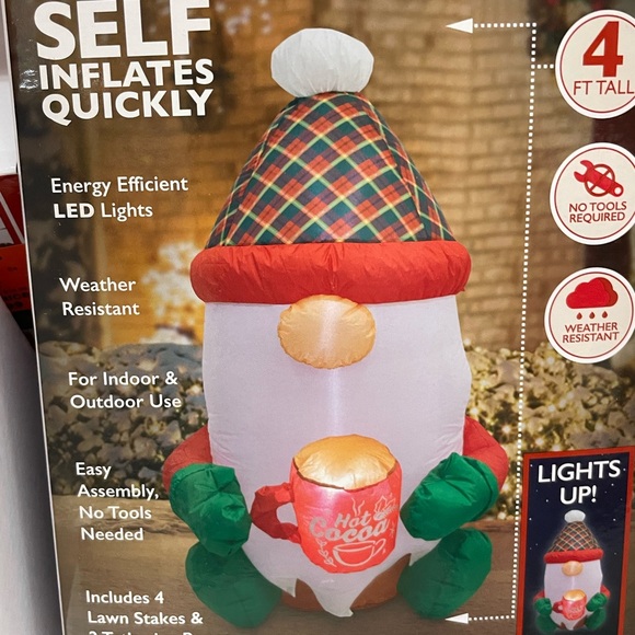 NIB 4 ft LED Light Up Yard Inflatable Red Hot Cocoa Winter Gnome - Picture 1 of 4